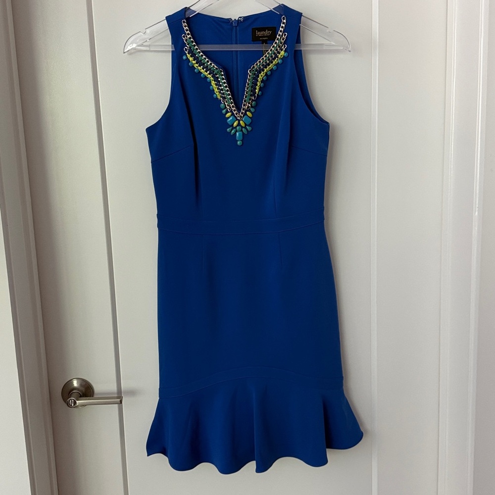 Laundry By Shelli Segal Cobalt Blue Sleeveless Dress with Beaded Neckline